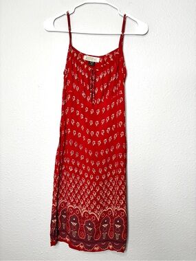 Vintage 90’s Indian Block Print Rayon Midi Dress Red Paisley Floral
